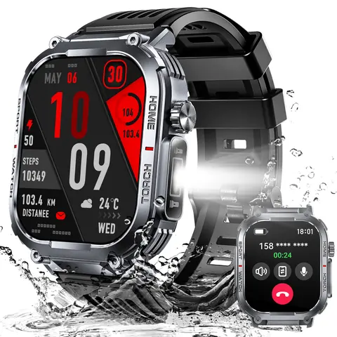 EIGIIS Men's Multifunctional Sports Tracking Wristwatch, 2.02-in Large Display Smartwatch with Bluetooth Sync, Wireless Calling, 3ATM Waterproof, 100+ Sports Modes, Activity Recording, Message Alerts, Music Player, Compatible with Android & iPhone Devices
