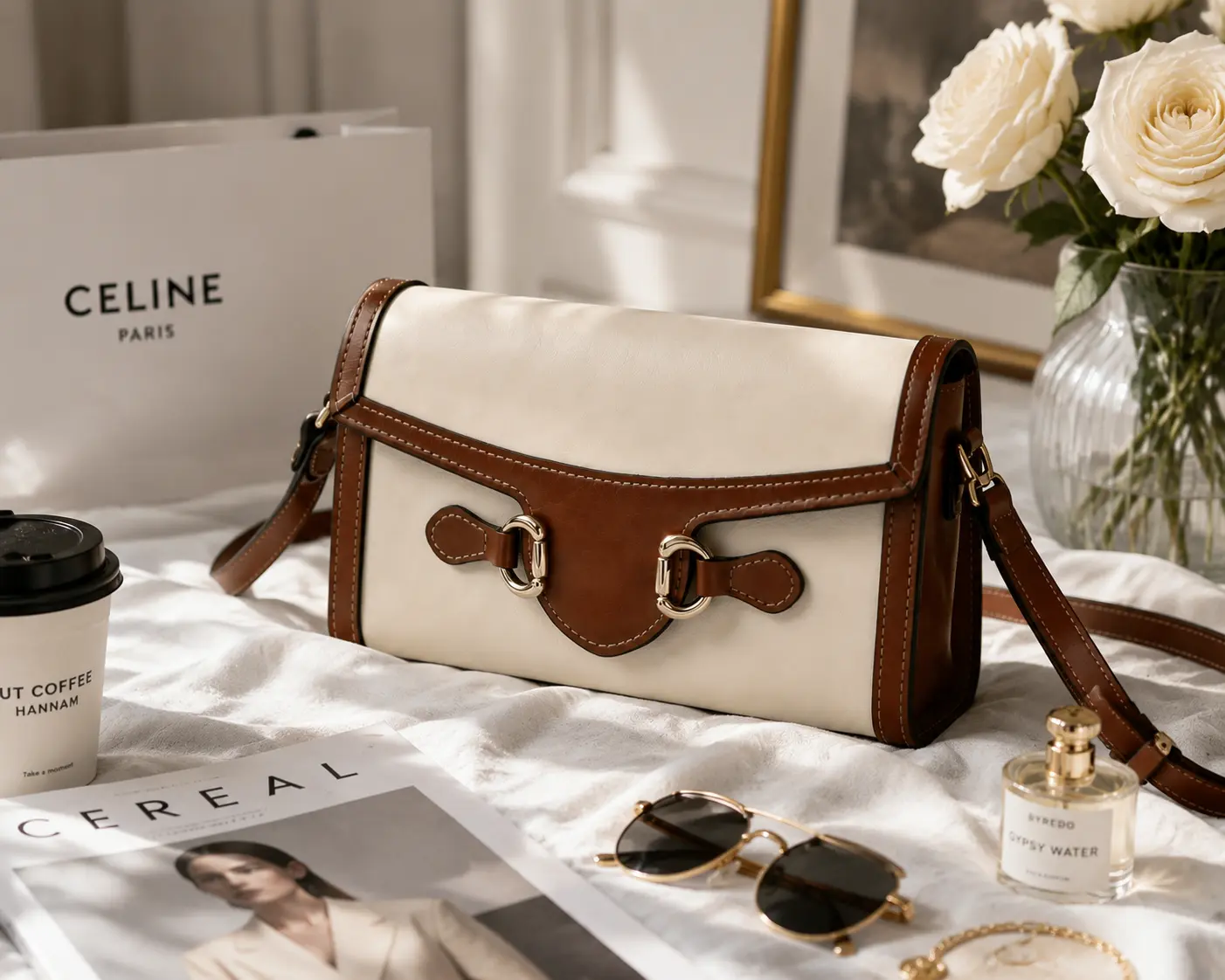 Khaki Canvas & Leather Crossbody Bag for Women, Vintage Buckle Flap Shoulder Purse, Gold Hardware Designer Inspired Bag, Old Money Aesthetic Everyday & Going Out Satchel