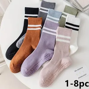 3-8pcs Women’s Non-Slip Yoga Socks, Rubber Dotted Grip Mid-Calf Length, Outdoor Casual Korean Style Sports Gear