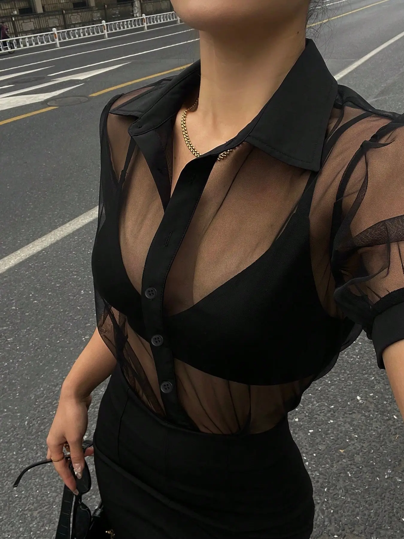 Women's Minimalist Sheer Mesh Chiffon Short Sleeve Blouse Shirts, Business Casual Top, Lightweight Breathable Design, Perfect for Daily Wear
