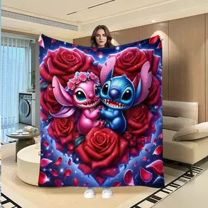 Stitch Angel Rose Cp Flannel Blanket, Romantic Daily Warmth Throw, Creative Digital Print, Valentine's Day Gift, Multi-Purpose Outdoor Blanket