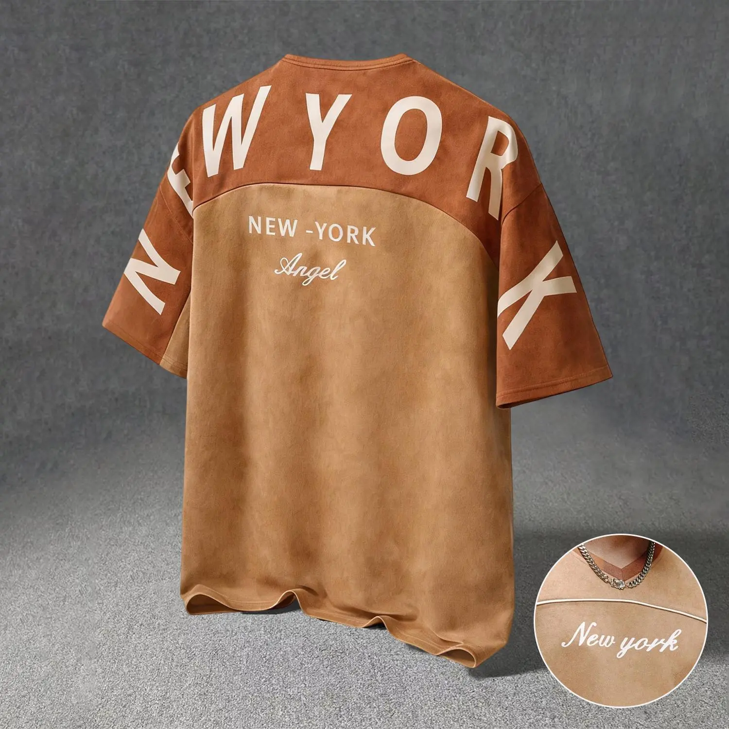 Men’s suede-like loose T-shirt top made from smooth, wrinkle-resistant fabric; breathable and durable with a classic V-neck design featuring stylish letter prints. Modern street style suitable for comfortable home wear, light outdoor outings, everyday cas