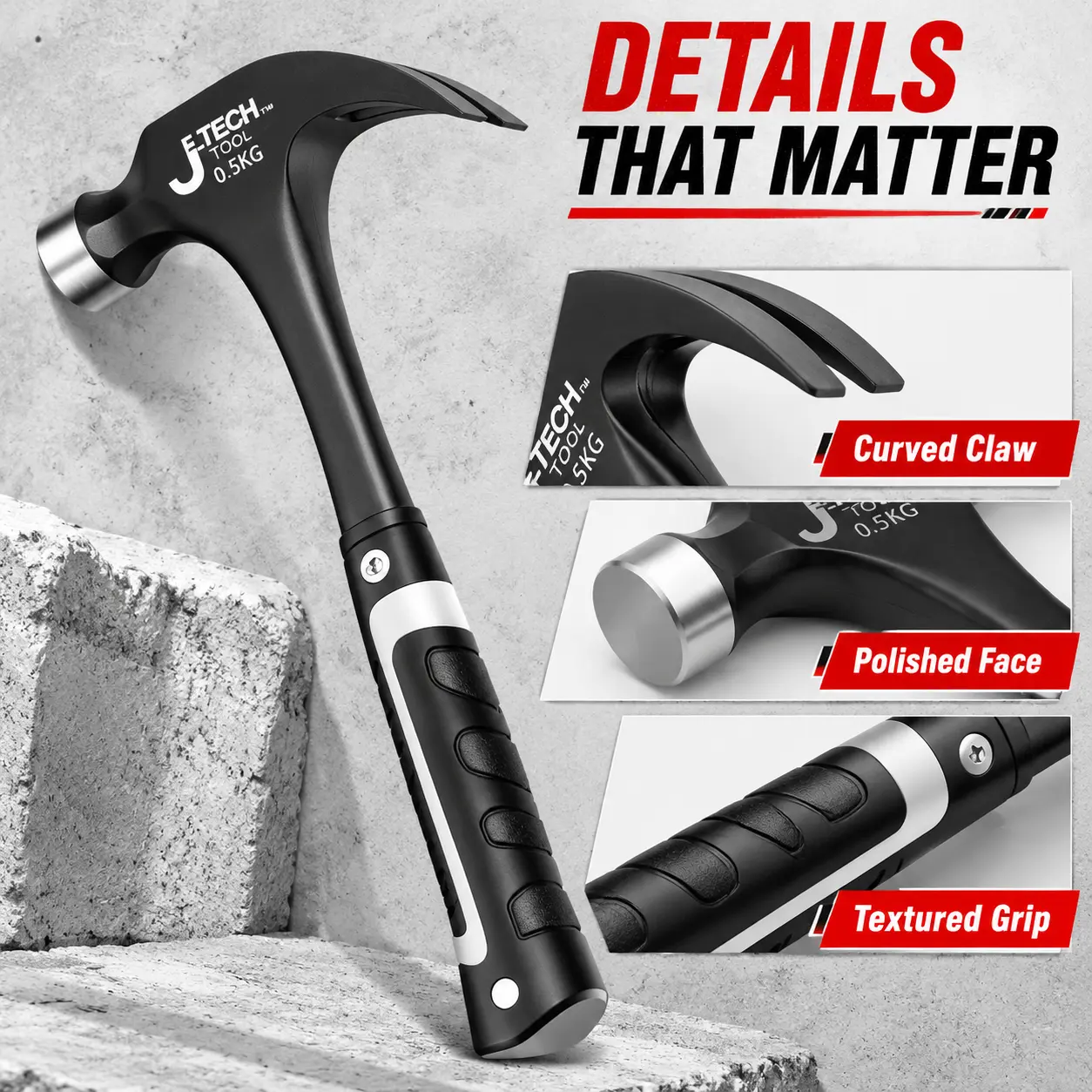 0.25 kg–0.5 kg claw hammer, crafted from high-carbon steel and featuring a handle with a non-slip texture; equipped with a nail-pulling function, it is suitable for woodworking, home repairs, DIY projects, and various routine maintenance tasks.