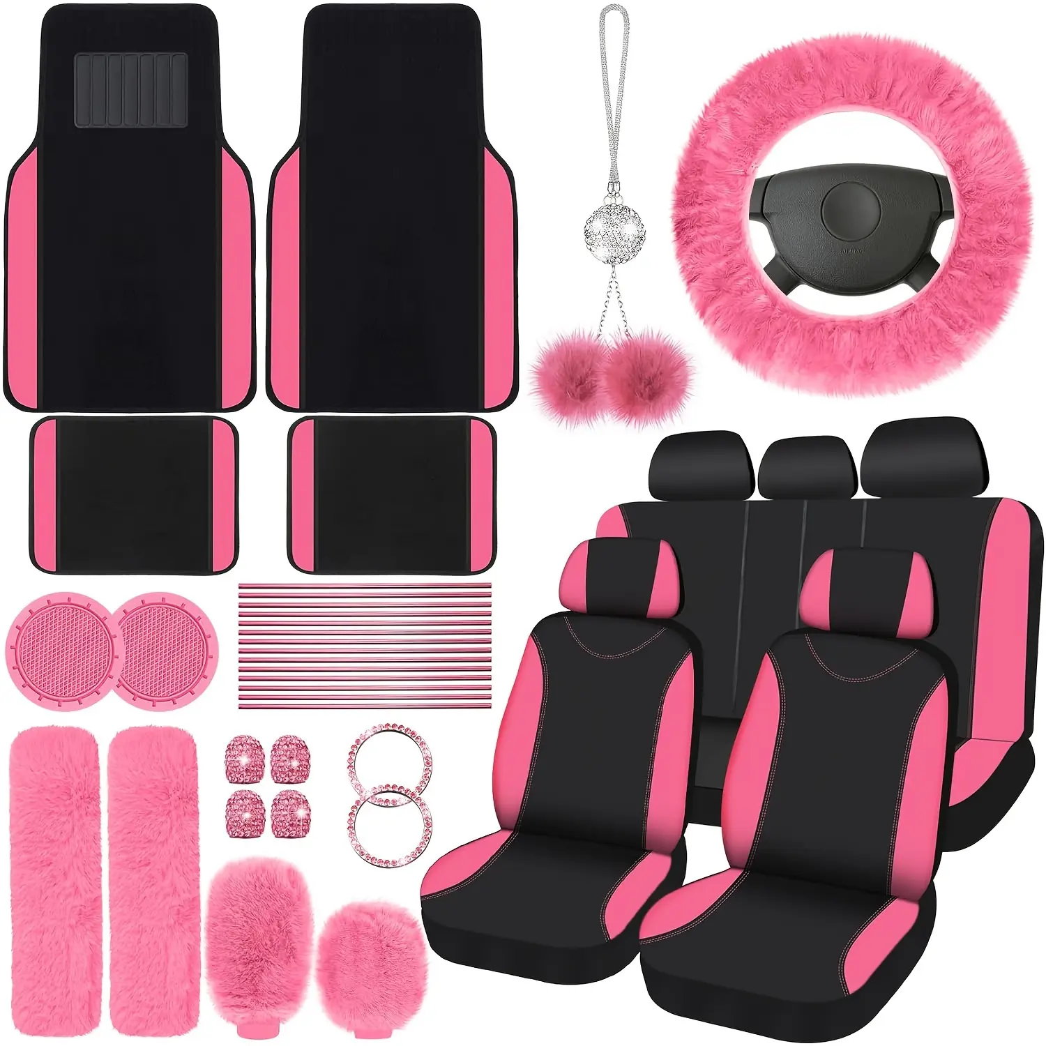 47 Car Seat Cover Full Set Car Seat Covers For Car Front Rear Seat Cover Fluffy SteeringWheel Cover Seat Belt Automotive Floor Mats Car Air Conditioner Decoration Strip