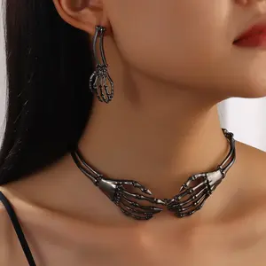 New Gothic Punk Exaggeration Metal Retro Bone Ghost Hand Necklace Necklace Earrings Set Halloween Accessories
