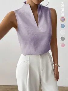 Women's Striped Print Curved Hem Tank Top, Casual Sleeveless Top for Work Office Business, Ladies Clothes for Summer, Womenswear, Purple And White, Casual Cami Top