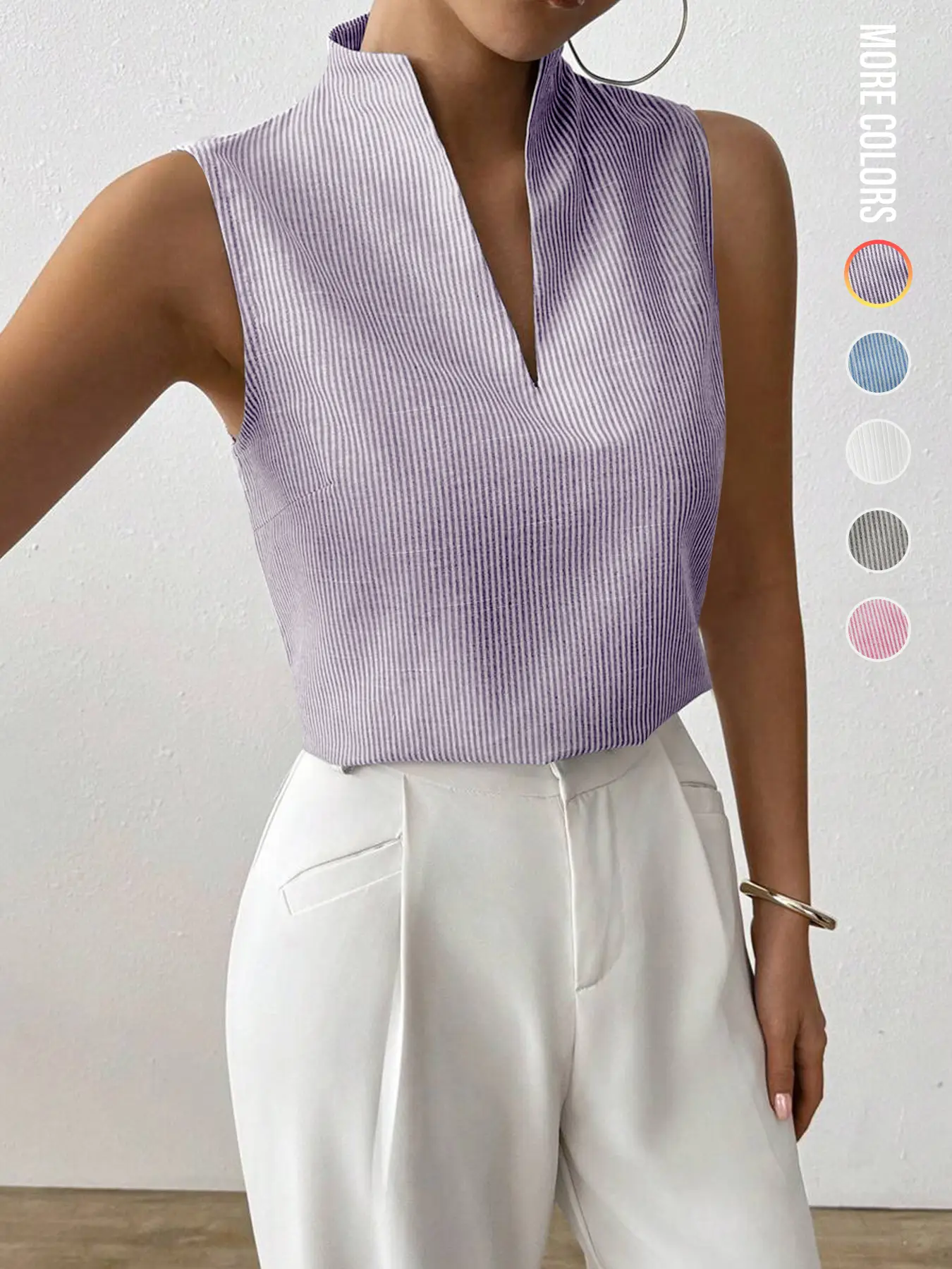 Women's Striped Print Curved Hem Tank Top, Casual Sleeveless Top for Work Office Business, Ladies Clothes for Summer, Womenswear, Purple And White