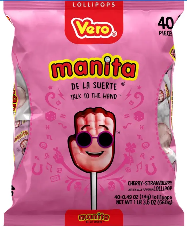 Vero Manita, Strawberry & Cherry Flavored Hand Lollipop - 40 ct Snack Candy