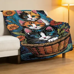 "Three Cute Cats in a Bamboo Basket" Flannel Throw Blanket — Vintage Illustration Style — Sofa Cover & Bedroom Bed Runner Accent Blanket