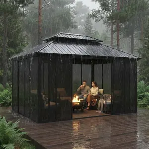 12x16 ft Hardtop Gazebo Sunroom, All-Season Outdoor Room with Aluminum Frame, Enclosed Patio Solarium with Polycarbonate Sliding Doors & Double Roof for Backyard, Deck, and Hot Tub Enclosure