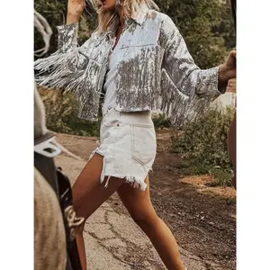 Fashionable Elegant Cool Sequined Vintage Silvery Fringe Jacket Coat, Long Sleeve Vintage Top for Summer and Autumn Streetwear, Suitable for Parties, Carnivals, and Concerts
