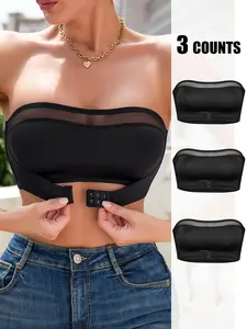 Women's Contrast Mesh Sheer Wireless Strapless Bandeau Bra, Comfortable Breathable Casual Solid Color Buckle Front Push Up Lingerie Top, Breathable Comfy Bra, Lingerie for All Seasons