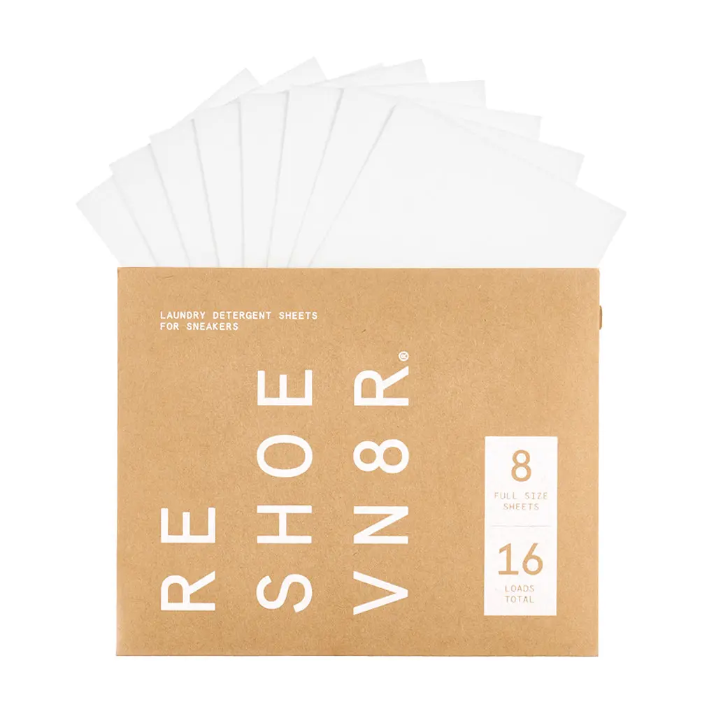 RESHOEVN8R SNEAKER DETERGENT LAUNDRY SHEETS - SAFE ON ALL MATERIALS - DEEP CLEANS STUBBORN DIRT - ELIMINATES ODORS - CLEANS 48 PAIRS OF SHOES