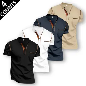 Men's 4-Pack Slim Fit Henley Neck Shortsleeve Tshirt Tops, Contrast Stitch Chest Pocket, Breathable Fabric, Streetwear Menswear, Ideal for Daily Wear, Casual Outings