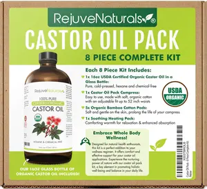 Castor Oil Pack for Liver & Detoxification + Overall Well-being - 8 Piece Complete Kit. Includes 16oz Glass Bottle of Organic Castor Oil, Easy to use Castor Oil Compress with Adjustable Fit, 5 Soft Cotton Pads & Soothing Heat Pack. Pain Relief Relaxation