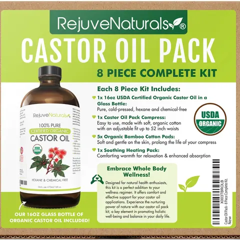 Castor Oil Pack for Liver & Detoxification + Overall Well-being - 8 Piece Complete Kit. Includes 16oz Glass Bottle of Organic Castor Oil, Easy to use Castor Oil Compress with Adjustable Fit, 5 Soft Cotton Pads & Soothing Heat Pack. Pain Relief Relaxation
