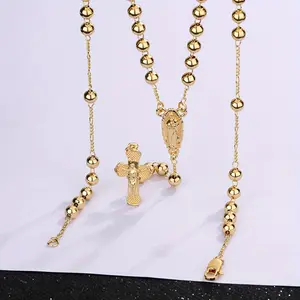 1pc 6mm bead Stainless steel Virgin Mary Rosary Necklace Golden Y-Shape Black Catholic religious items clearance guadalupe Jesus cross necklace For women christmas gifts To Mexico