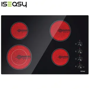 Electric Cooktop 30 inch 6700W, IsEasy Ceramic Stove 4 Burners, Built-in Electric Stove Top, 9 Power Levels/Control by Knob/220-240V, Satin Glass Cooktop, Stove Top Burners