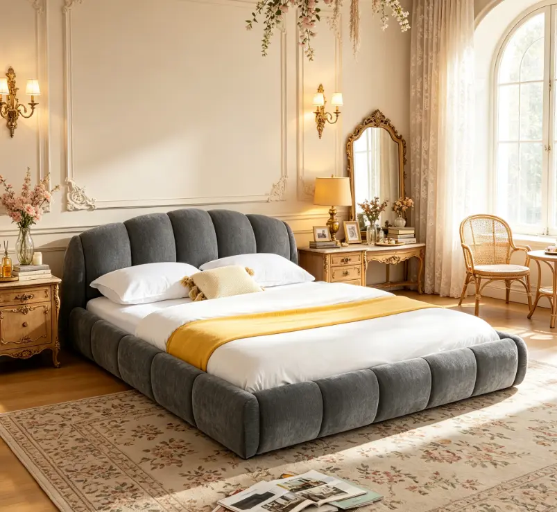 Chenille Upholstered Platform Bed Frame - Elegant Design, Thick Curved Headboard, Wrapped Footboard, Low-Profile Floor Bed, No Box Spring Required, Easy Assembly