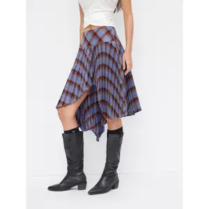Cider Plaid Mid Rise Asymmetrical Hem Pleated Midi Skirt