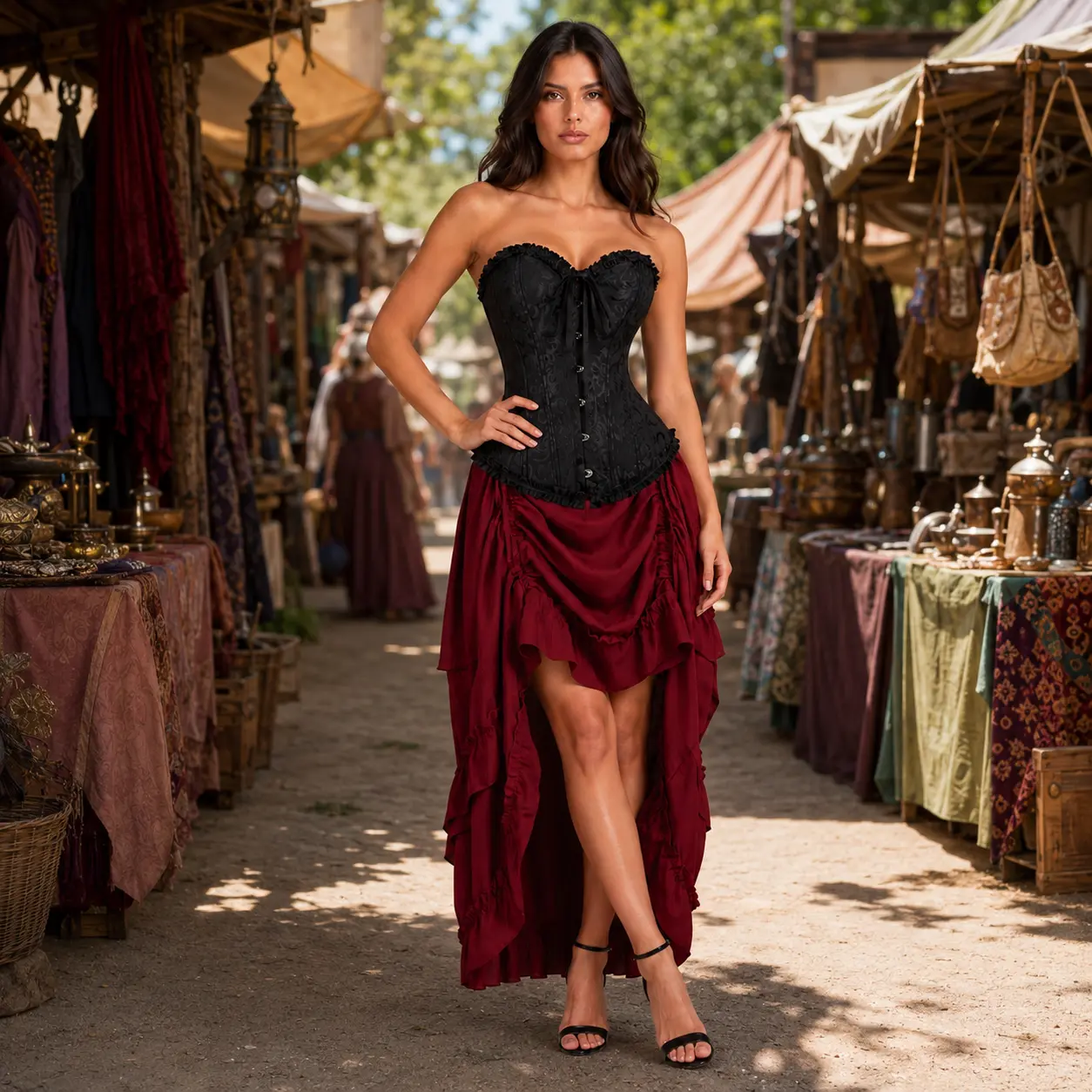 Women’s Gothic Corset Dress Set Halloween Costume Black Bustier Top with Burgundy High Low Ruffle Skirt, Masquerade Party Outfit, Medieval Renaissance Dress