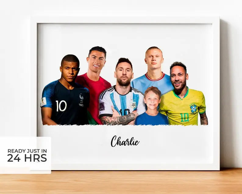 Personalized poster of Messi, Cristiano Ronaldo, Haaland, Mbappe and Neymar with my photo to print in A4 or A3 size.