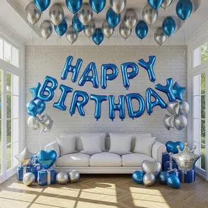 37pcs blue birthday balloon set - including "Happy Birthday" letters and blue and silver star-shaped balloons, very suitable for birthday party decorations, bar mitzvahs, room decorations, birthday party supplies