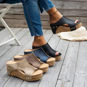 Women's Stylish Retro Wedge Sandals - Peep Toe-On Platform Shoes with Metallic Straps, Faux Cover Casual Heels in Black, Navy Blue, and Brownish-Tones, Comfortable Wear| Stylish Platform Heels| Faux Cover Sandals