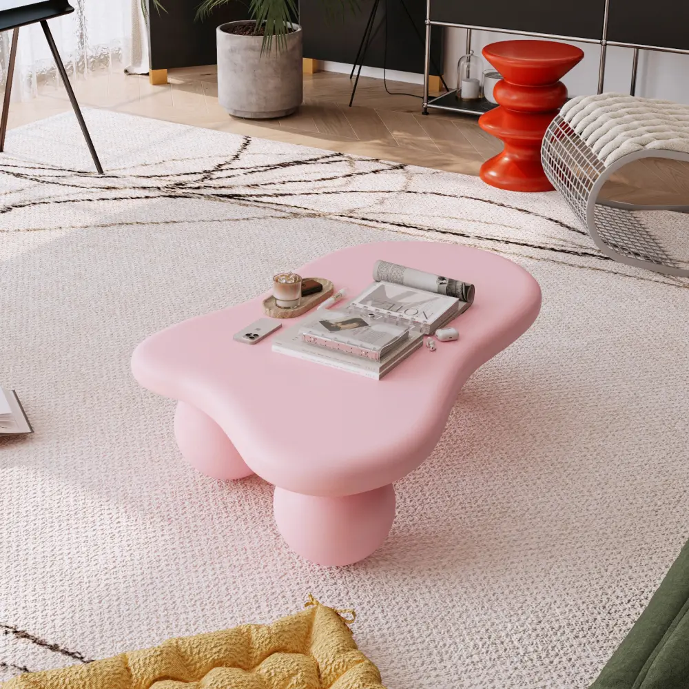 40-Inch Cloud-Shaped Coffee Table, Low-Profile Indoor MDF Top Table with Irregular Curve and 3 Ball Legs for Living Room, Pink