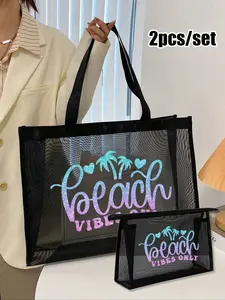 2pcs/set Large Capacity Mesh Bag Set, Gradient Shiny Beach, Coconut Trees Pattern, Foldable Waterproof Sandproof, Women's Shoulder Bag, Storage Tote, Lightweight Beach Bag