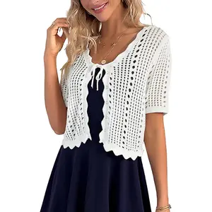 Kasin Women Crochet Shrug Sweater Tie Front Knit Bolero Shrug for Dress Short Sleeve Cropped Cardigan