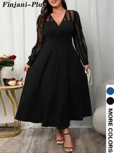 Plus Size Women's Dress, Mesh Patchwork V Neck Long Sleeve Long Dress, Casual Party Wear, Spring & Fall Fashion, Fitted Style, Chic, Elegant, Lady, Womenswear