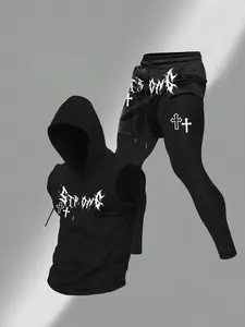 Men's Hooded Tank Top & Layered Pants Set, Gothic Print, Cross Design, Fitness & Outdoor Wear, Sportswear All Seasons, Athletic Workout Clothing, Stylish Comfortable