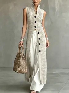 Elegant Linen Texture Long Vest for Women, Sleeveless Stand Collar Single Button Casual Design, Thin Semi-Sheer Fitted Vest for Spring Summer Fall