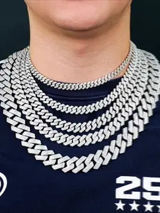 14mmMOISSANITE Genuine Multi-Size Micro Miami Cuban Chain Prong-Set Ice 925 Silver Necklace, Easter and Thanksgiving Gift for Men and Women