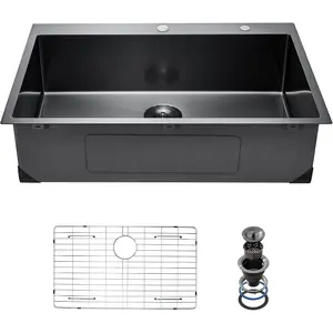 VEVOR 33 Kitchen Workstation, 304 Stainless Steel Top Mount, Built - in Single Bowl Farmhouse with Accessories, Home Dishwasher Sink, for RV, Prep Kitchen and Bar (Black) (Silver, 33IN)