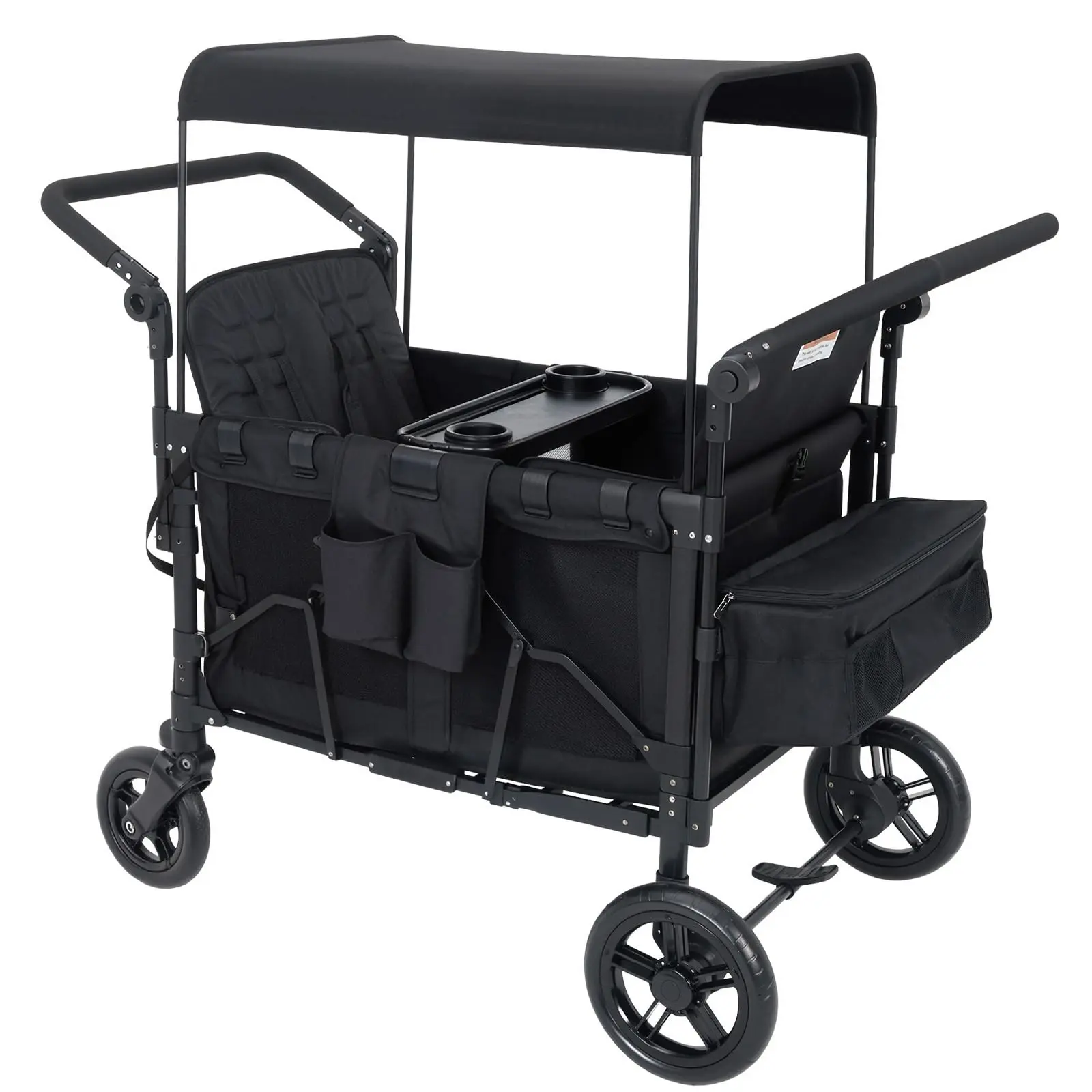 4 Seater Wagon Stroller with Removable Seats & Snack Tray - Foldable Wagon for Kids, Camping, Beach & Pets - Puncture-Proof Tires (9" Front/11 Rear), One-Step Brake, 132 lbs Capacity, Black