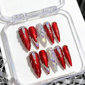 10pcs | TRUTH AMOR Crimson Diamond Mermaid Tail, Handmade Holiday Bride Nails | Sparkling, Artistic, Removable & Reusable | Highlight Nail Choice for Christmas & New Year Parties, PressOnNails, BrideNails, HolidayNails, SparklingNails, Pressed On Nails