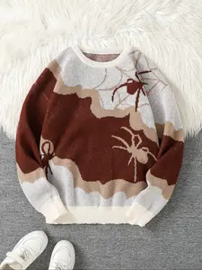 Spider Jacquard Knit Sweater, Casual Round Neck Fitted Pullover for Men, Fashion Street Style Design, Perfect for Daily Wear & Gifts