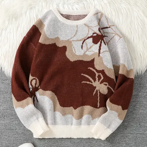 Spider Jacquard Knit Sweater, Casual Round Neck Pullover for Men, Fashion Street Style Design, Animal, Perfect for Daily Wear & Gifts