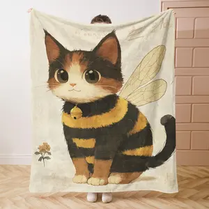 1PC Bee CatPrint Flannel Blanket Beautiful and Comfortable Warm Nap Blanket for Sofa, Bed, Office, Car, Camping Travel Blanket, Home Decoration - Four Seasons Gift