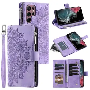 Suitable for Samsung Galaxy S26 S25 S24 S23 S22 Ultra FE Plus ultra-thin phone flip wallet, embossed pattern imitation leather zipper credit card multi slot with wristband and carrying rope protective shell Protector