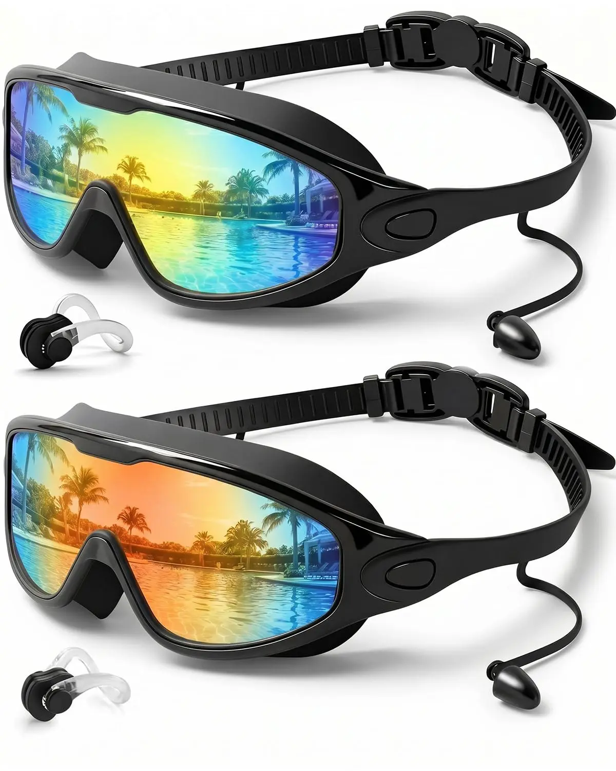 2-Pack Adult Swim Goggles, Wide-View Anti-Fog Lenses with UV Protection, Soft Silicone Leak-Resistant Seal & Adjustable Strap for Men Women, Pool, Beach & Swim Training