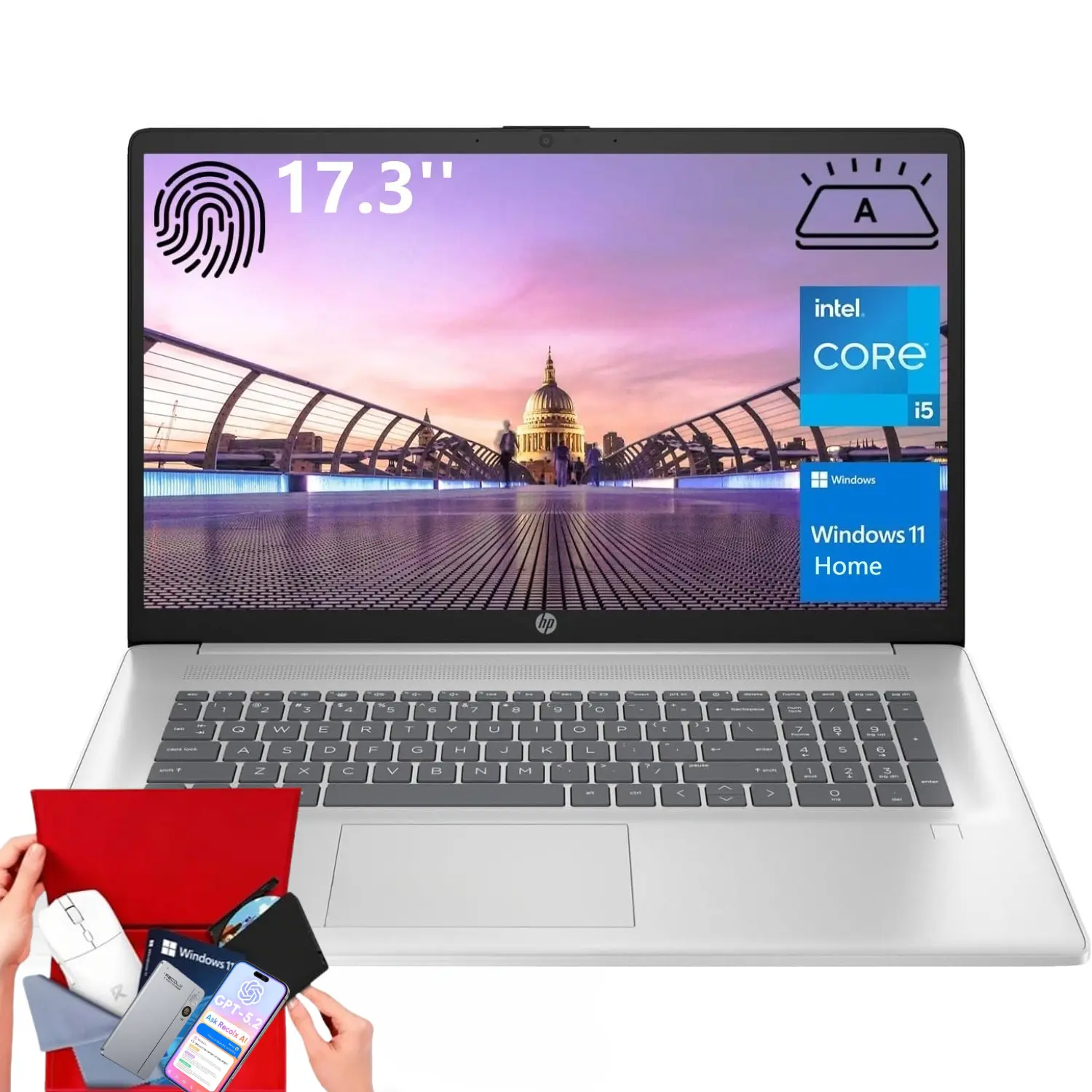 HP Essential Business Laptop, 17.3" FHD Display, Intel Core i5-1334U, up to 32GB RAM, 512GB SSD, Wi-Fi 6, Webcam, Backlit Keyboard, Windows 11 Home, Silver, Bundle Accessory