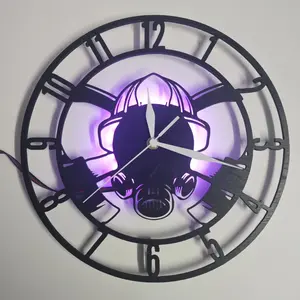 Fire Helmet Shaped Wooden Wall Clock, Led Wall Clocks, 7 Color LED Backlight, Office Decor, Room Decoration, Gift, No Battery Included