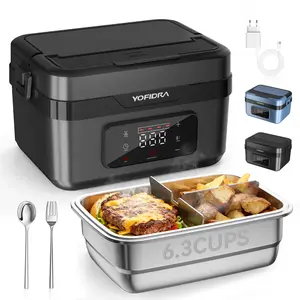Yofidra Stylish Cordless Portable Electric Heated Lunch Box 1.5L-6 Cups Self-Heating with 10000mAh Battery Timer & Temp Control Food Warmer for Adults Office Outdoor Black Tableware Meal Prep Containers Stainless Steel Bento Square