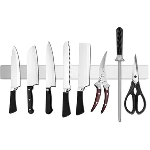 16 Inch Black Magnetic Knife Holder for Wall, No Drilling Adhesive Knife Strip with Powerful Magnet and Expanded Screws, Wall Mount Knife Rack for Knives, Includes Adhesive Tape (Silver White)