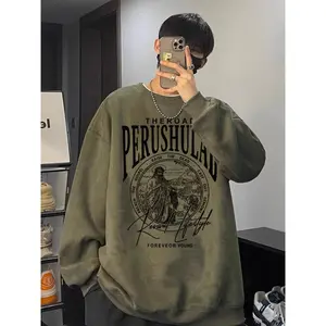 Men's Suede Fleece Hoodie, Round-neck Spring & Autumn Loose Large Size Men's Autumn & Winter Oversized Long-sleved Top Outerwear