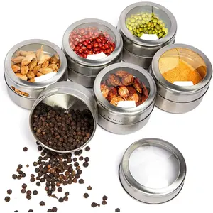Stainless Steel Magnetic Spice and Condiment Organizer Kit 6-Piece 75ml (2.5 oz) Seasoning Jars with Adjustable Pour Vents Leak-Proof Magnetic Holder for Kitchen Countertops or Refrigerator Storage