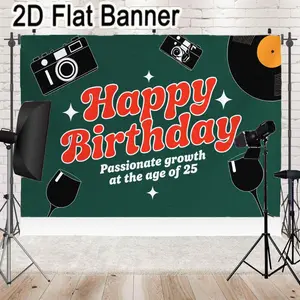 2D flat banner, 1pc25th Birthday Retro Party Backdrop, Red & Green Festive Background with Vinyl, Cameras, Wine Glasses, Star Decorations for 25th Birthday Party Decor